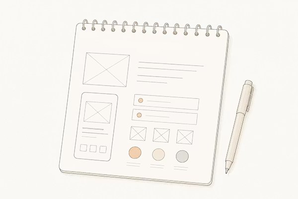 A desktop scene with a phone showing a Shopify theme template wireframe
